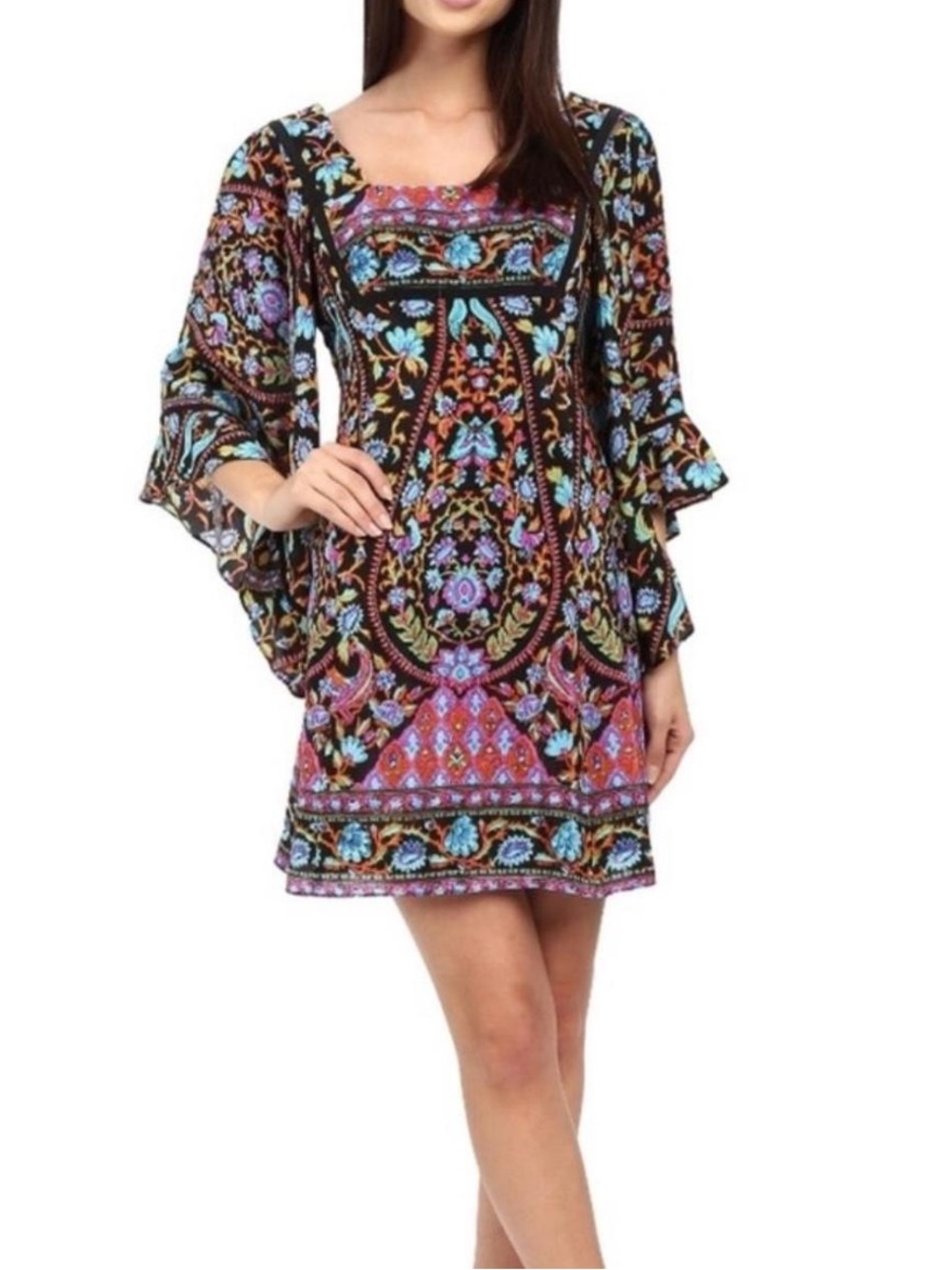 Nanette Lepore Bohemian Floral Print Bell Sleeve Mini Dress - Multicolor